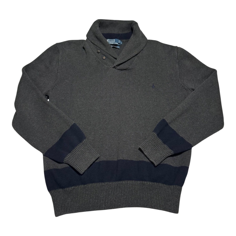 Polo Ralph Lauren Gray/Navy Shawl Neck Sweater Men's XL (Fits Oversized M) FLAWS